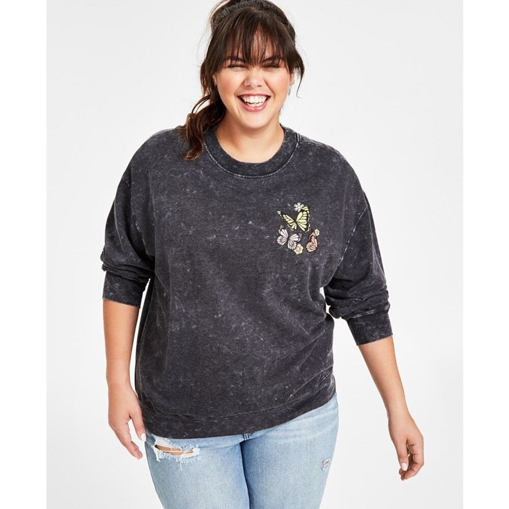 Rebellious One Juniors Trendy Plus Distressed Graphic Black Sweatshirt, Size 2X